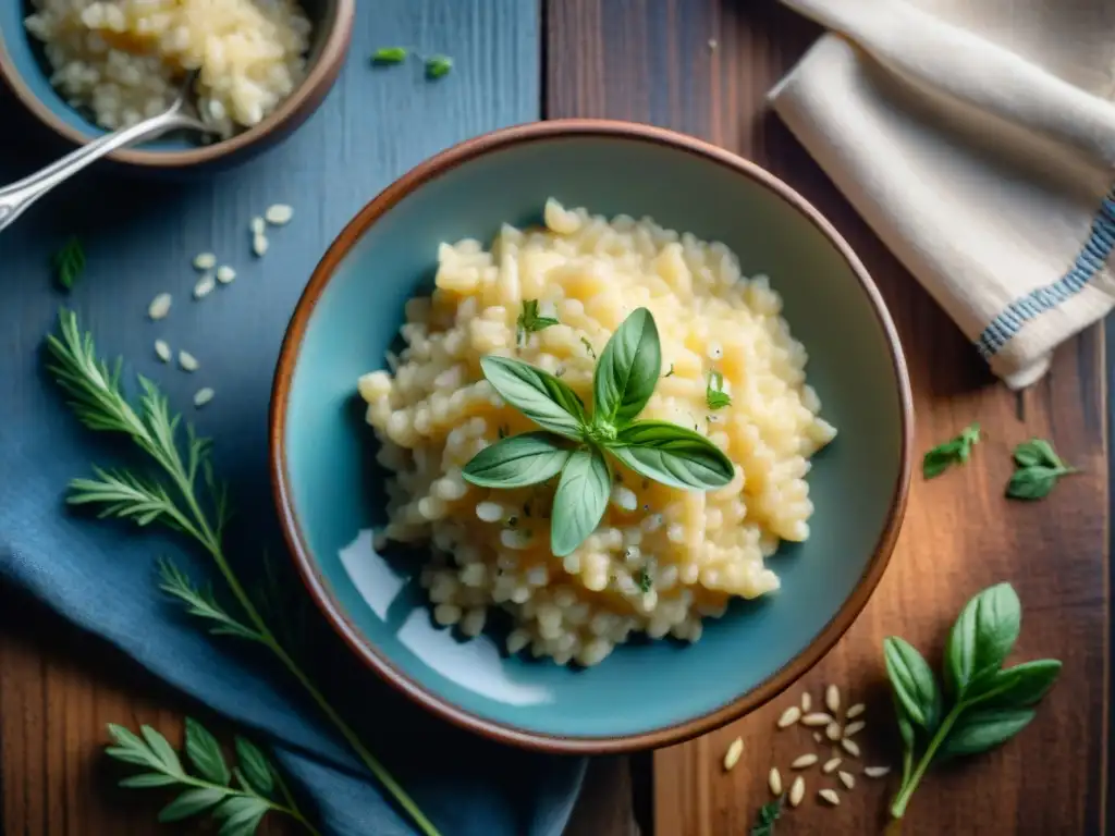 Delicioso risotto sin gluten con hierbas frescas, en mesa rústica