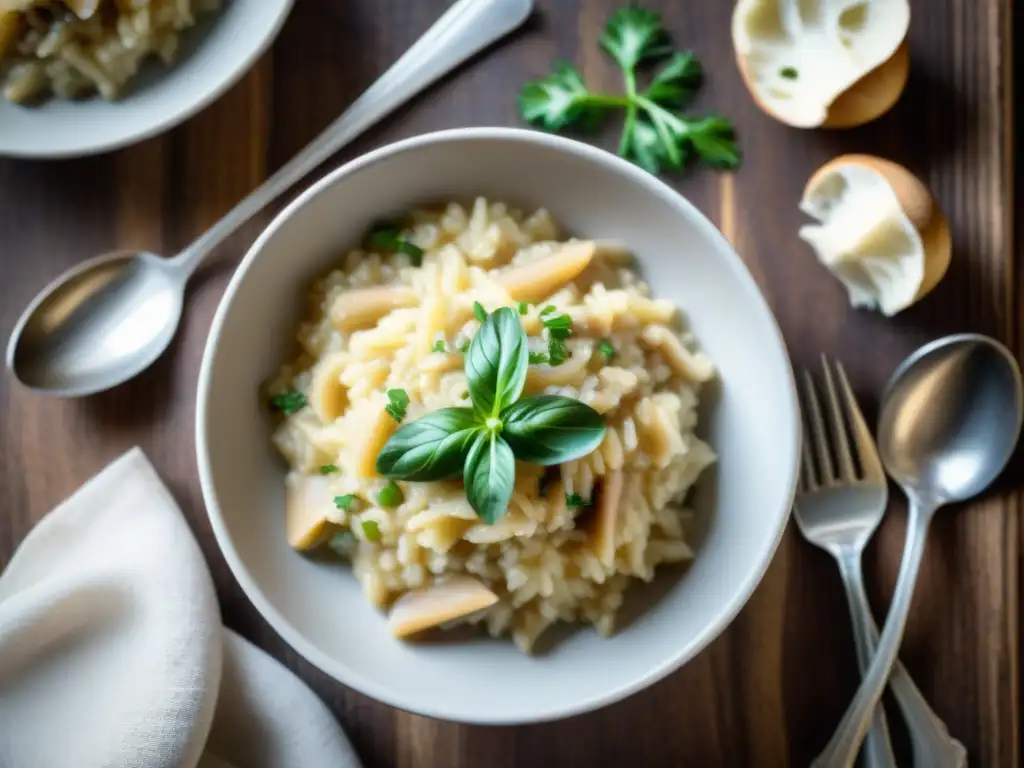 Un delicioso risotto sin gluten con champiñones, queso parmesano y perejil en un elegante plato blanco sobre mesa rústica