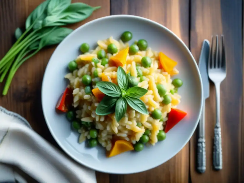 Un delicioso risotto sin gluten con vegetales coloridos y cremosa textura, perfecto para Recetas arroz sin gluten completas