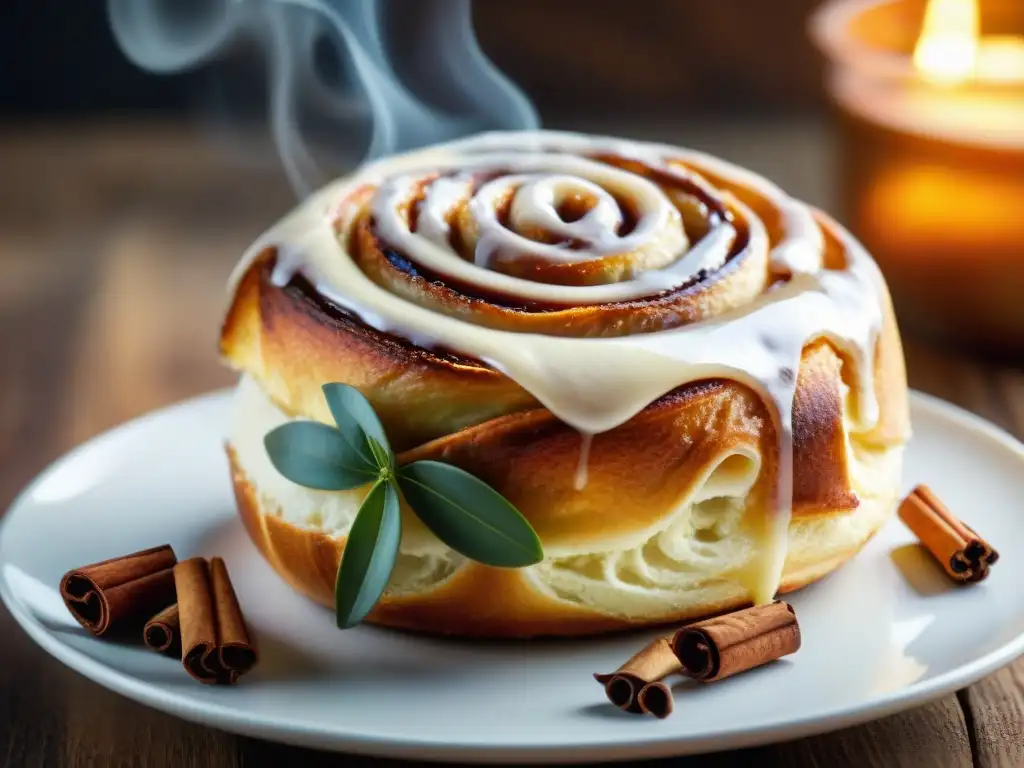 Delicioso rollo de canela sin gluten recién horneado Delicioso rollo de canela sin gluten recién horneado, con glaseado cremoso y vapor ascendente, en una acogedora cocina