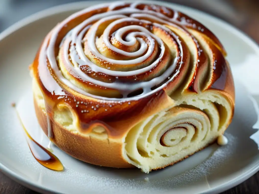 Delicioso rollo de canela sin gluten recién horneado, con levado perfecto y relleno de canela y azúcar