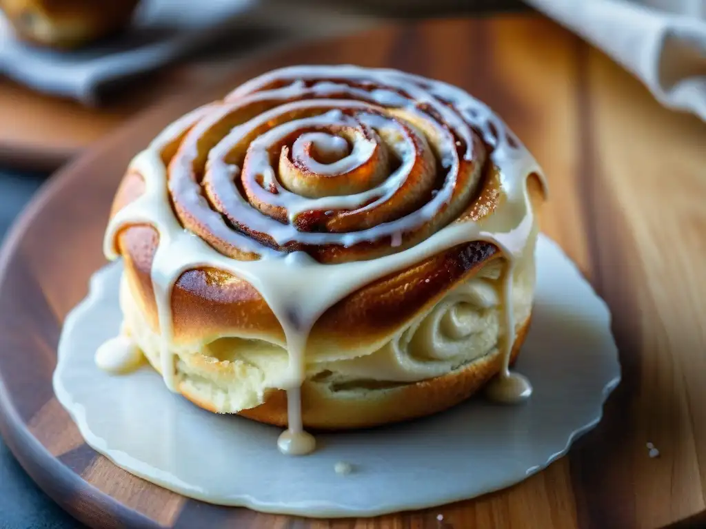 Delicioso rollo de canela sin gluten con glaseado de vainilla Delicioso rollo de canela sin gluten recién horneado con glaseado de vainilla sobre tabla de madera rústica