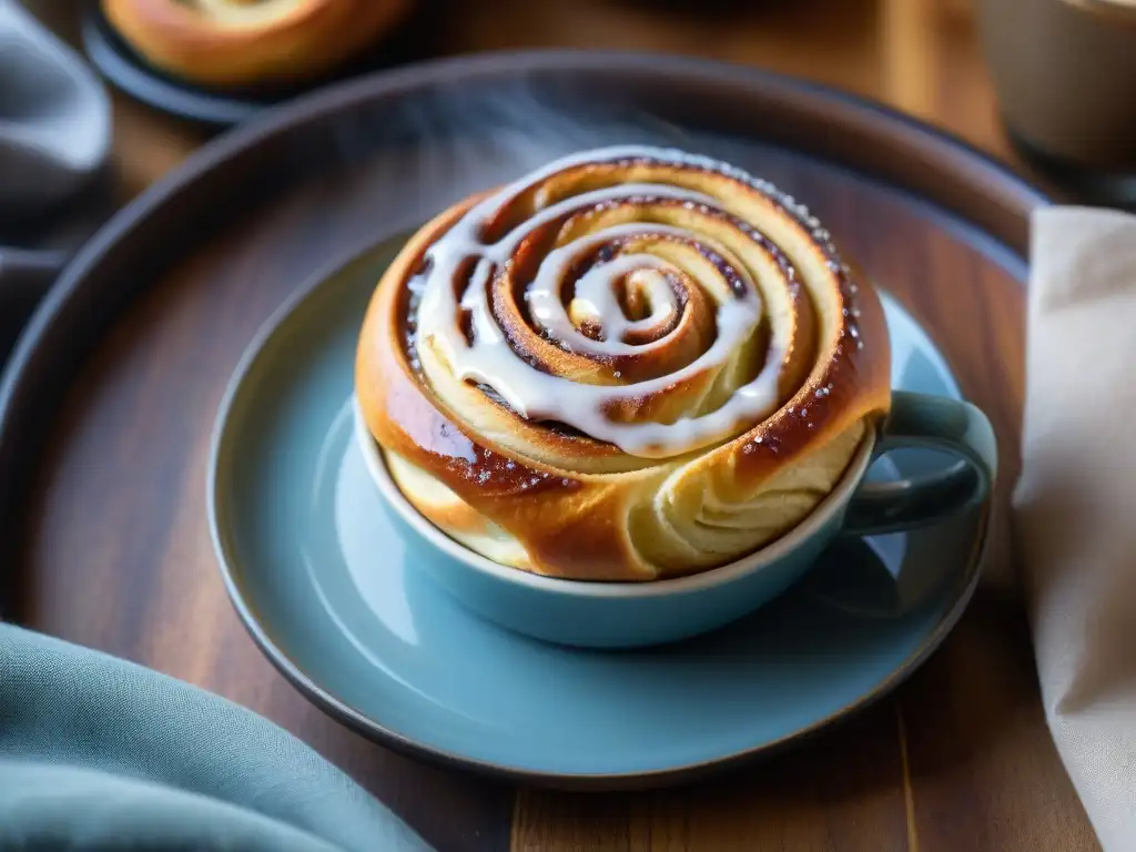 Delicioso rollo de canela sin gluten junto a una taza de café, en ambiente acogedor