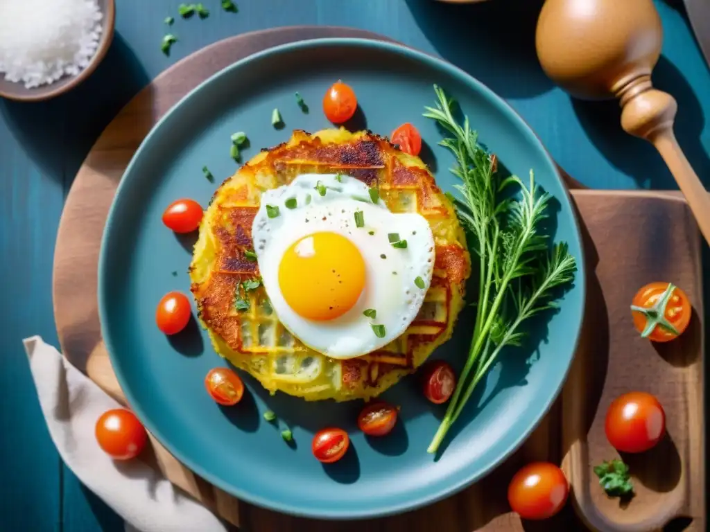 Delicioso Rösti sin gluten estilo suizo con huevo y tomates cherry en plato de madera