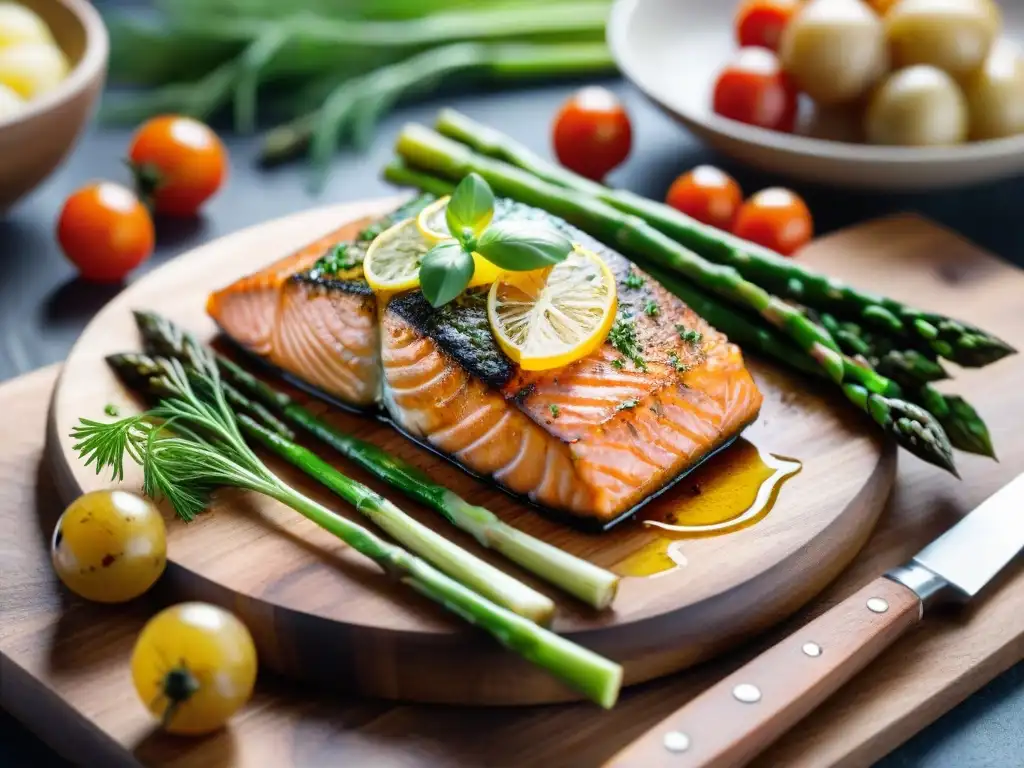 Delicioso salmón al horno sin gluten con glaseado de miel y vegetales coloridos en cocina acogedora