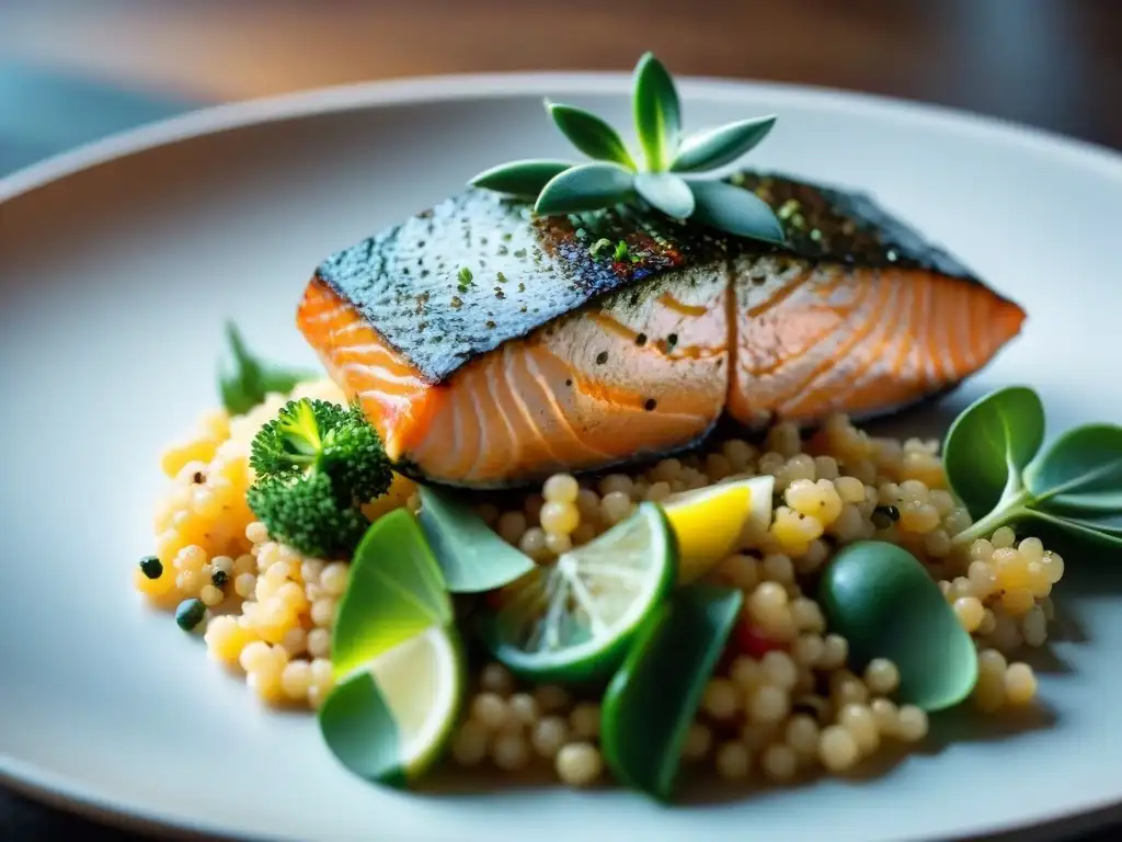 Delicioso salmón sous vide sobre ensalada de quinoa colorida, con hierbas frescas y limón en una cocina moderna