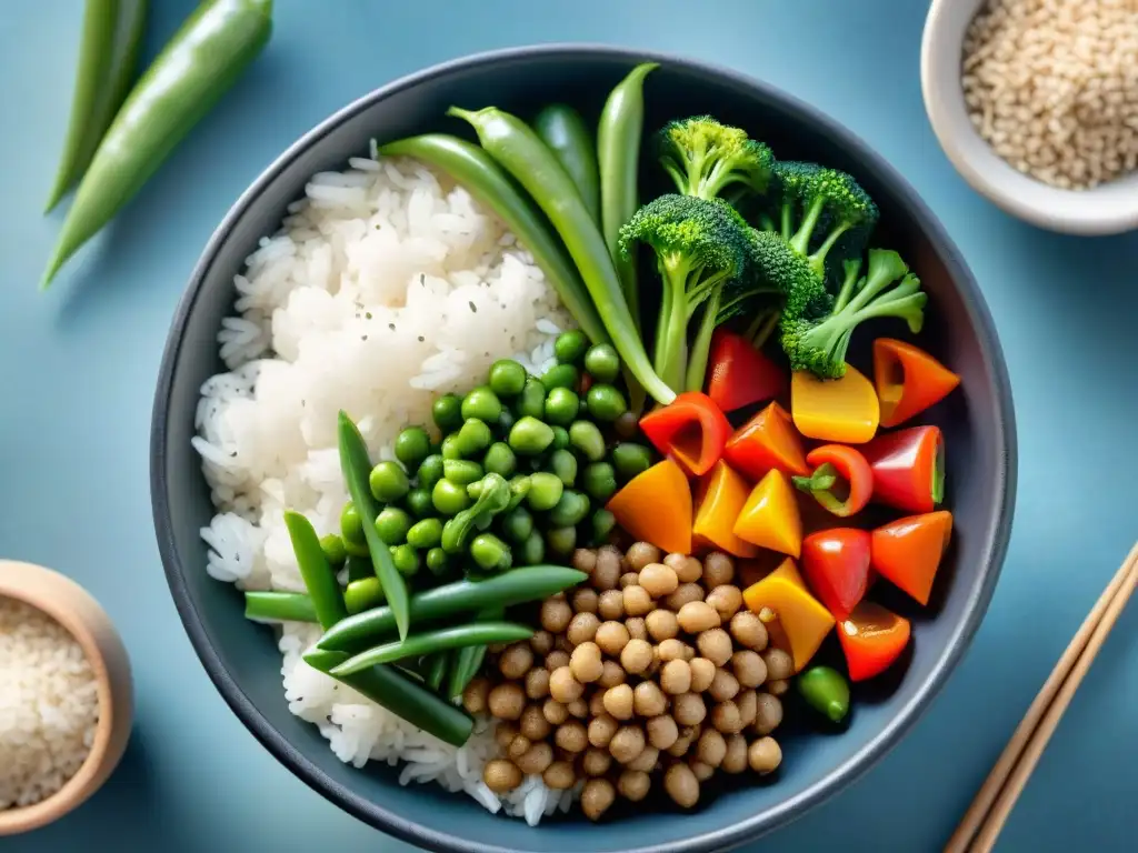 Un delicioso salteado colorido con verduras frescas y salsa de soja sin gluten, sobre arroz jazmín