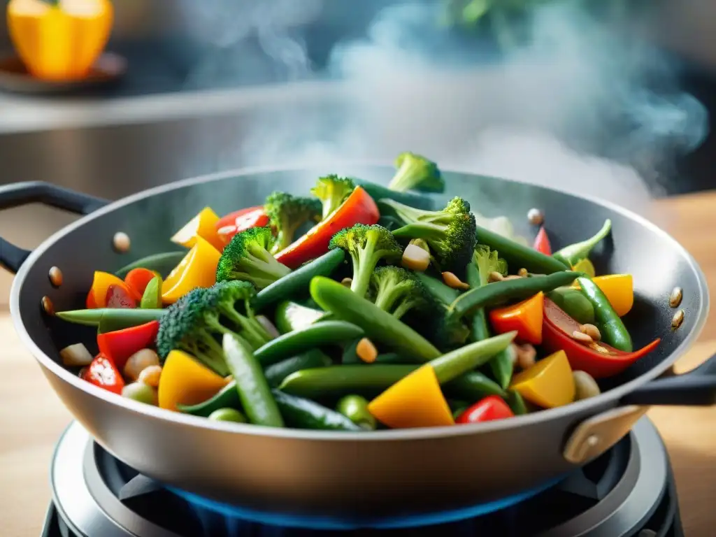 Un delicioso salteado de verduras vibrantes en un wok, perfecto para Sustitutos Sin Gluten Lácteos Platos