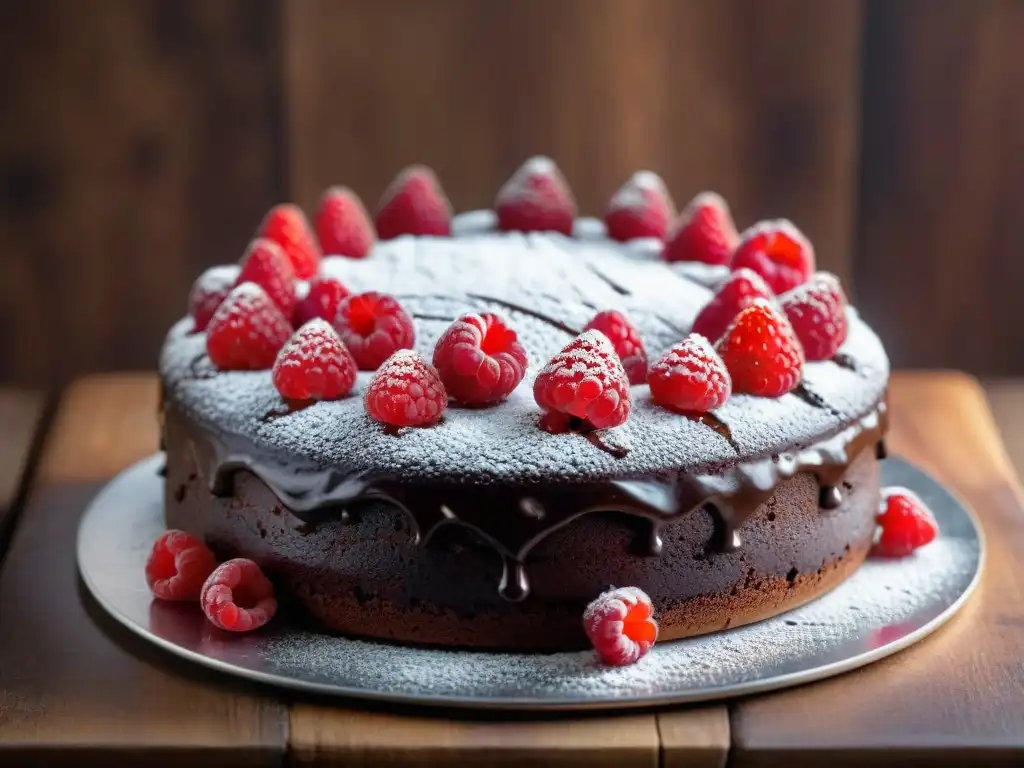 Delicioso y saludable pastel de chocolate sin gluten con frambuesas frescas y azúcar glass, sobre una mesa de madera rústica