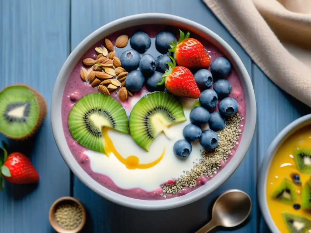 Un delicioso smoothie bowl sin gluten fácil rodeado de frutas frescas en una cocina soleada