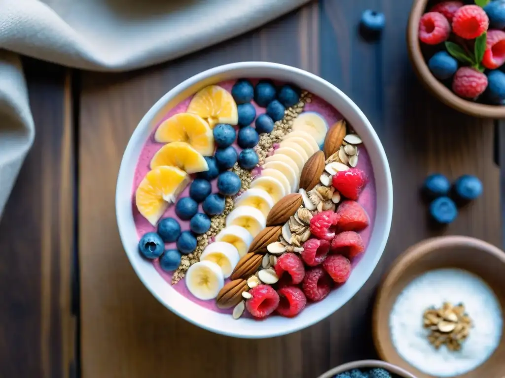 Un delicioso smoothie bowl sin gluten fácil, con bayas frescas y coco, en una mesa de madera rústica