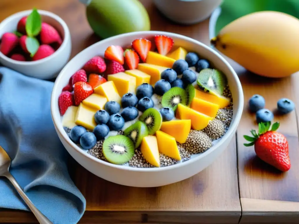 Un delicioso smoothie bowl sin gluten fácil rodeado de frutas frescas vibrantes en una mesa de madera