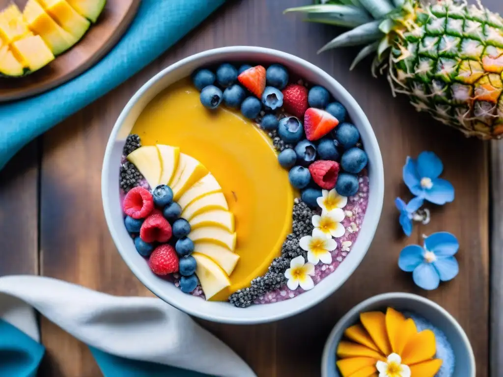 Delicioso smoothie bowl sin gluten con frutas tropicales y coloridas decoraciones