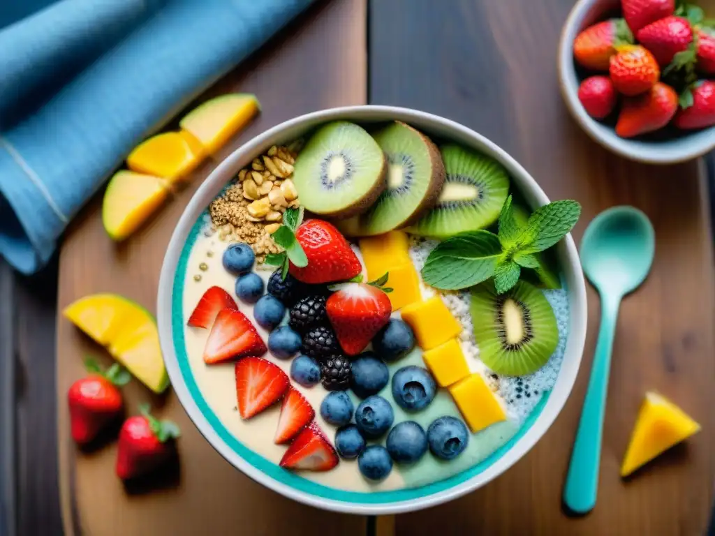 Delicioso smoothie bowl sin gluten vegano rebosante de frutas coloridas y frescas en una mesa rústica