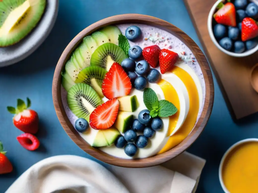 Delicioso smoothie bowl sin gluten con fresas, arándanos, kiwi y menta fresca en un tazón de coco