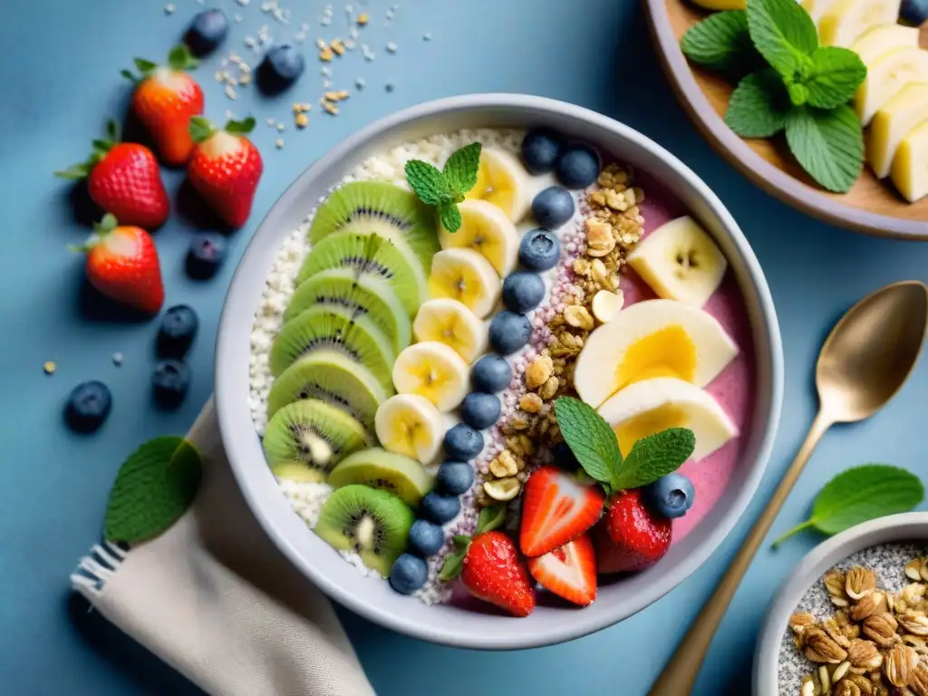 Delicioso smoothie bowl sin gluten con frutas frescas y crujientes toppings, en mesa rústica