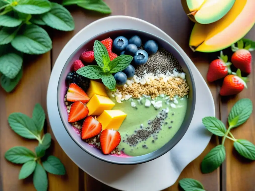 Bowl de Smoothie Saludable: Frescura y Color en Jardín Un delicioso smoothie bowl sin gluten para adelgazar, con frutas frescas y coloridas en un jardín soleado