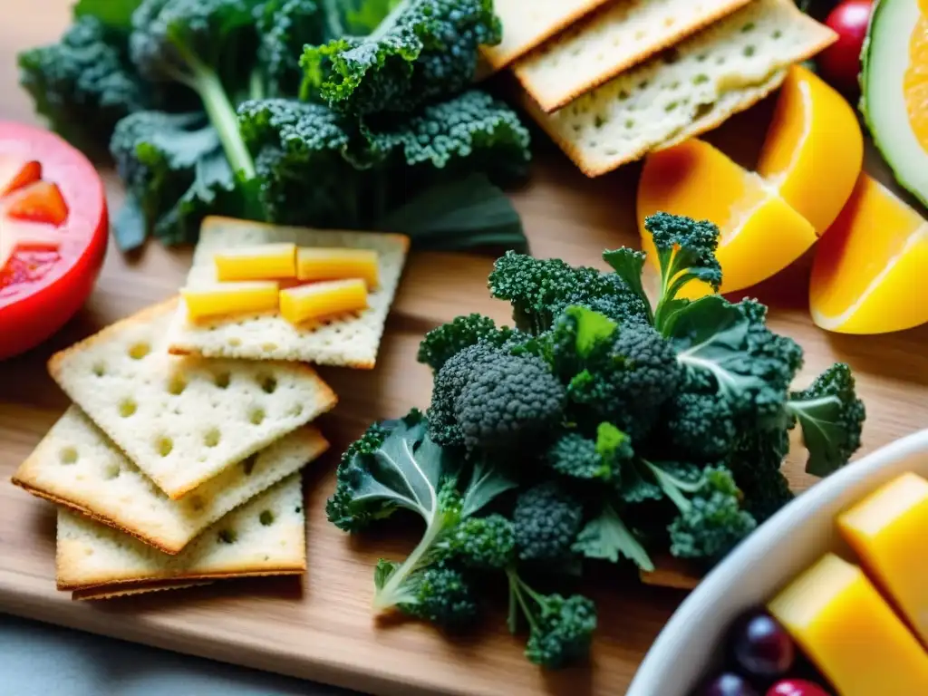 Delicioso surtido de snacks sin gluten saludables en tabla rústica, con colores vibrantes y texturas apetitosas