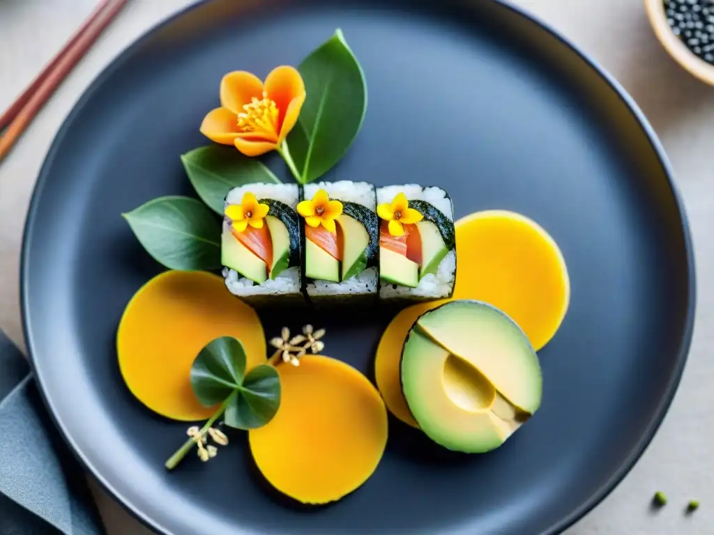 Delicioso sushi sin gluten con salmón, aguacate y mango, en un plato negro elegante