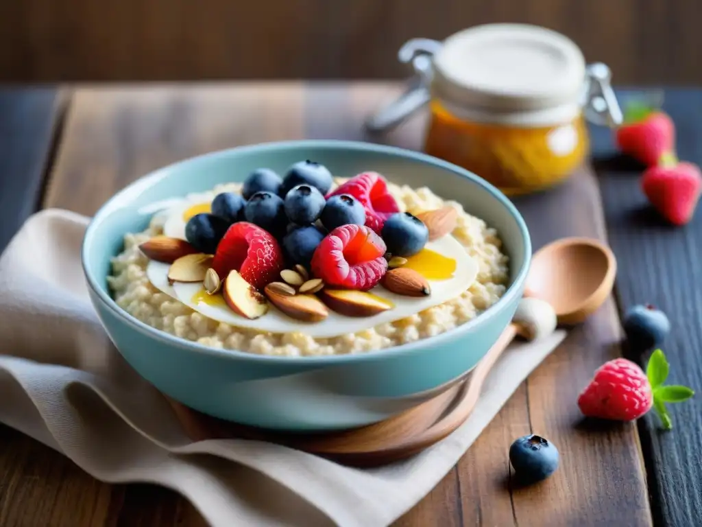 Un delicioso tazón de avena sin gluten con bayas frescas, almendras y miel, en una mesa de madera rústica con luz natural