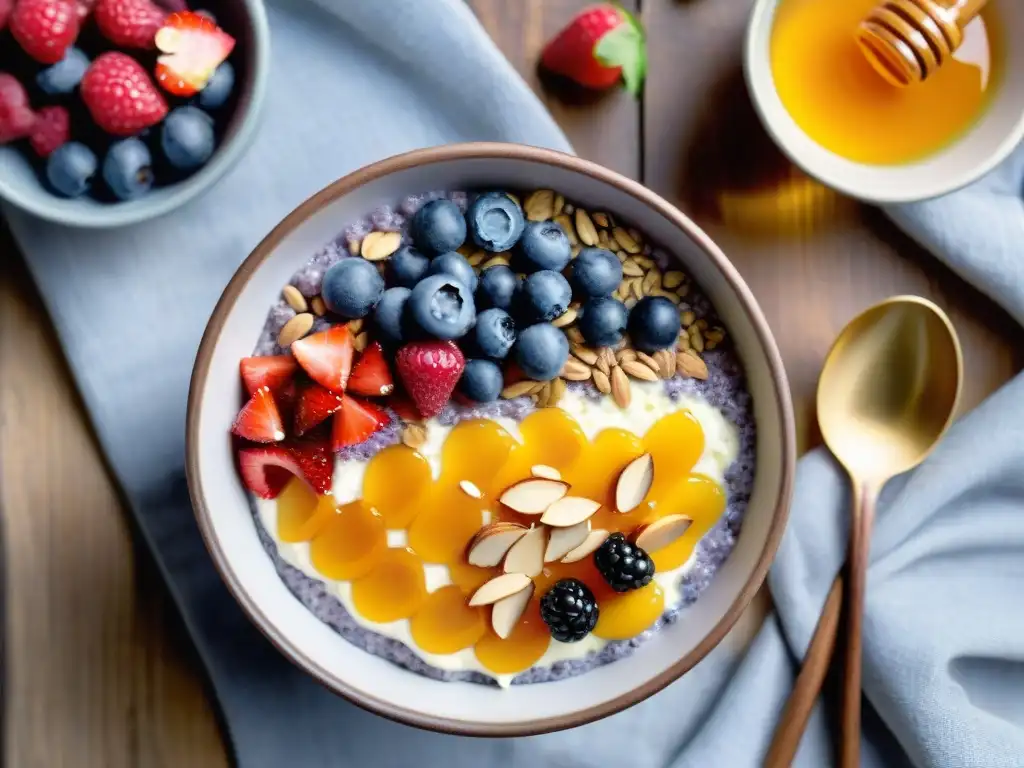 Un delicioso tazón de chía pudding sin gluten con bayas frescas y almendras en una mesa rústica