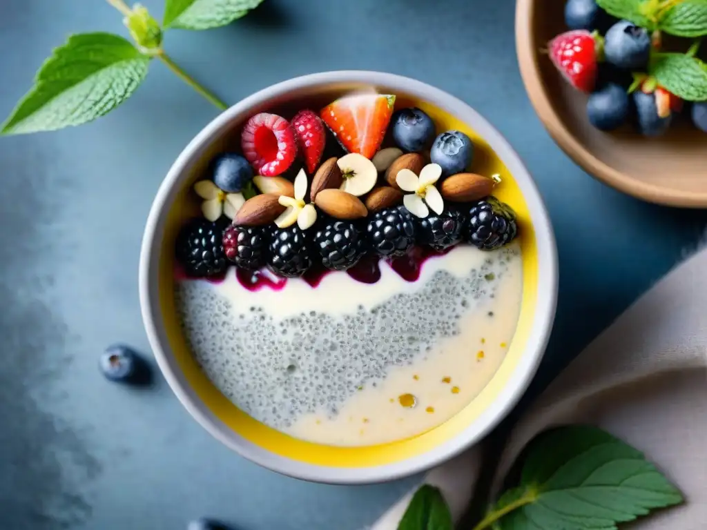 Delicioso tazón de pudín de chía con bayas frescas, frutos secos y miel, rodeado de vegetación y luz natural