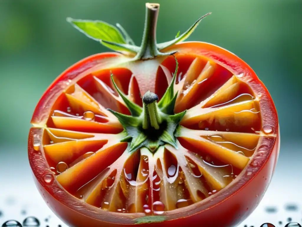 Delicioso tomate rojo siendo cortado, mostrando su jugosa pulpa y semillas, listo para salsas de tomate sin gluten