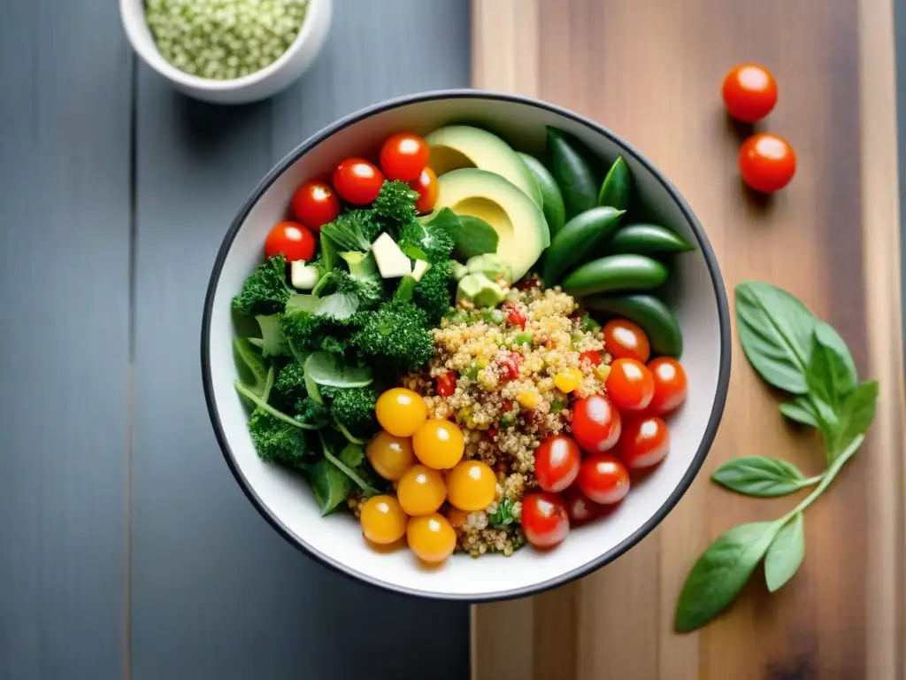 Un delicioso y vibrante cuenco de ensalada de quinoa con variedades de colores, verduras frescas y aderezo de limón