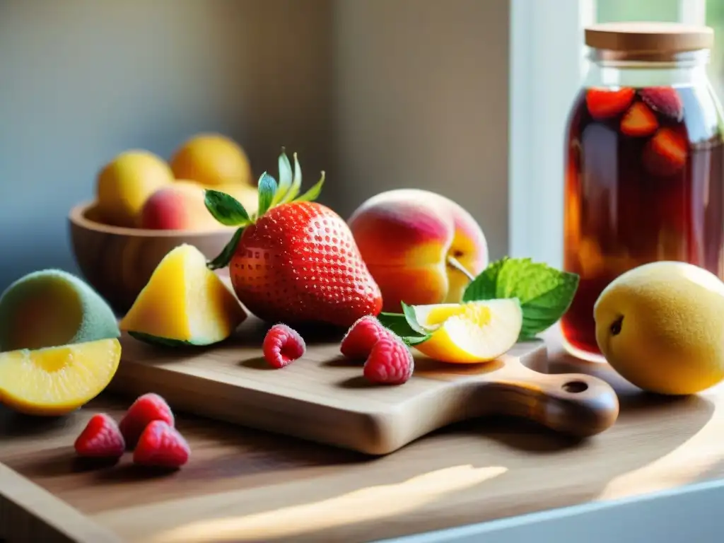 Delicioso vinagre de frutas sin gluten: frescas frutas y cuchillo sobre tabla de madera