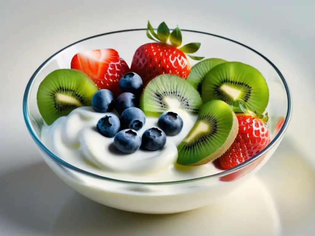 Un delicioso yogur sin gluten con frutas frescas y coloridas, listo para deleitar tus sentidos