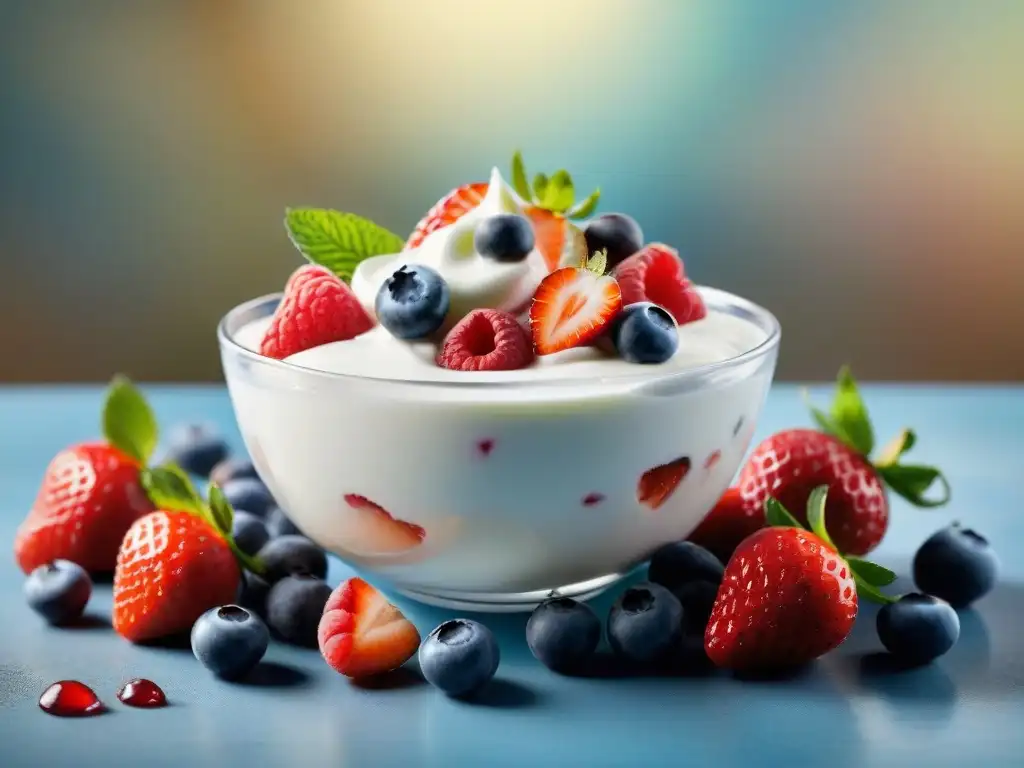 Delicioso yogur sin gluten con frutas frescas y coloridas, listo para saborear