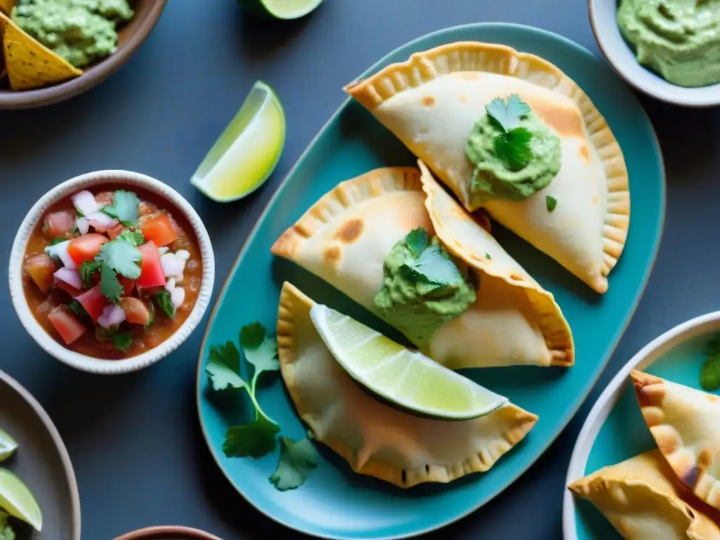 Deliciosos aperitivos latinos sin gluten para fiestas, con empanadas, chips de plátano, ceviche y guacamole en una mesa festiva