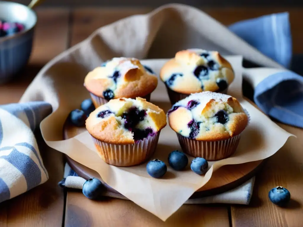 Deliciosos muffins de arándanos sin gluten recién horneados en una mesa de madera rústica, bañados por luz cálida