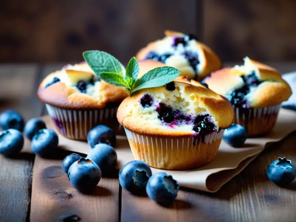 Deliciosos muffins de arándanos sin gluten recién horneados en una mesa rústica con arándanos frescos