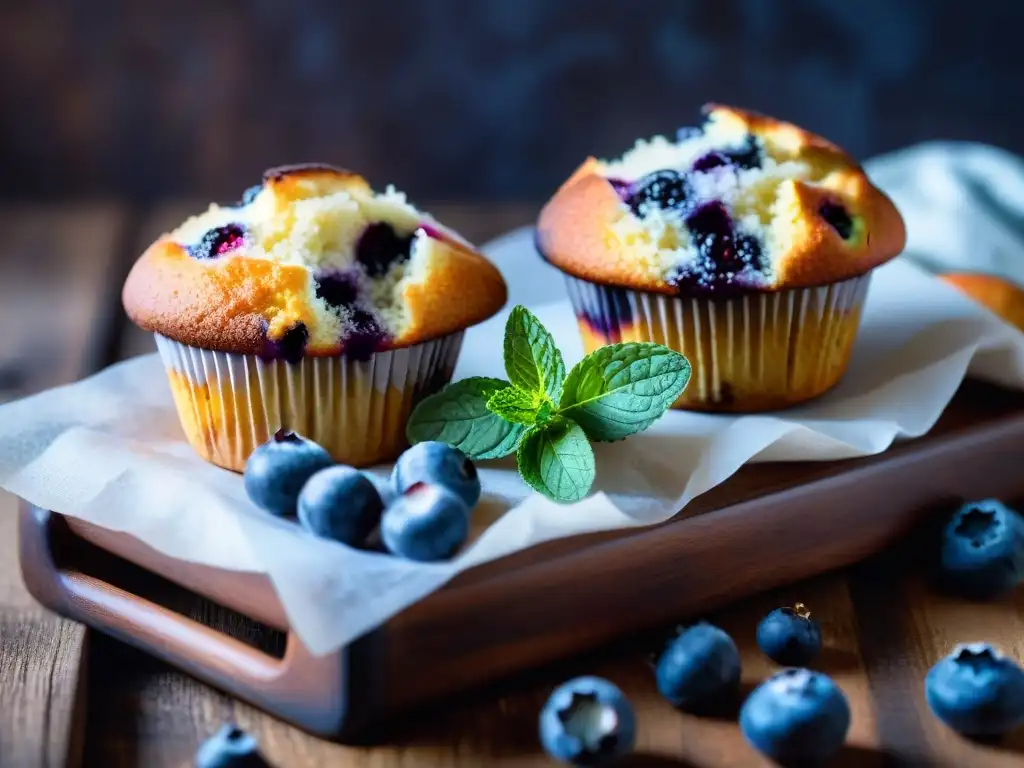 Deliciosos muffins de arándanos sin gluten recién horneados en una mesa rústica, con arándanos frescos y hojas de menta