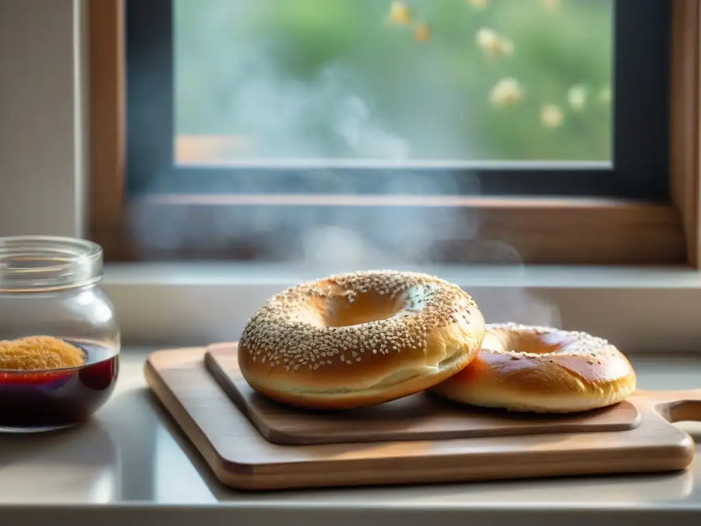 Deliciosos bagels sin gluten en tabla de madera, receta perfecta en cocina acogedora