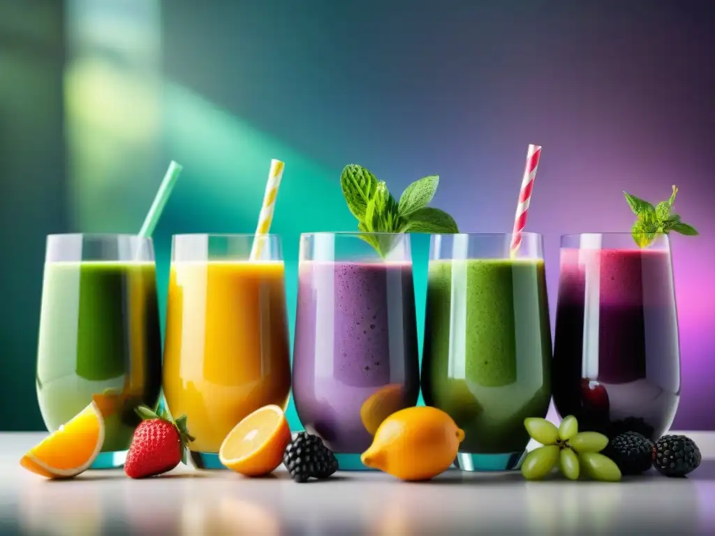 Exquisitas smoothies sin gluten: una explosión de color y frescura Deliciosos batidos sin gluten para adelgazar en elegantes vasos, con frutas frescas y semillas coloridas