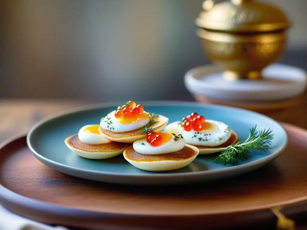 Deliciosos blinis sin gluten con crema agria y caviar, presentados de forma auténtica en plato de cerámica rústica