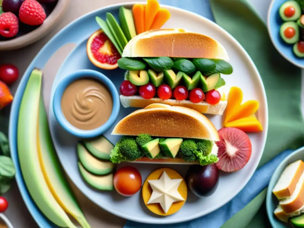 Deliciosos bocadillos sin gluten para fiestas infantiles, rodeados de frutas y verduras coloridas en formas divertidas