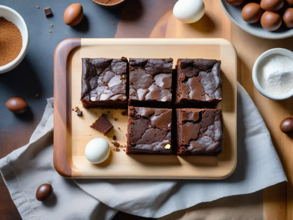 Deliciosos brownies sin gluten en tabla de madera, con trozos de chocolate y azúcar glass