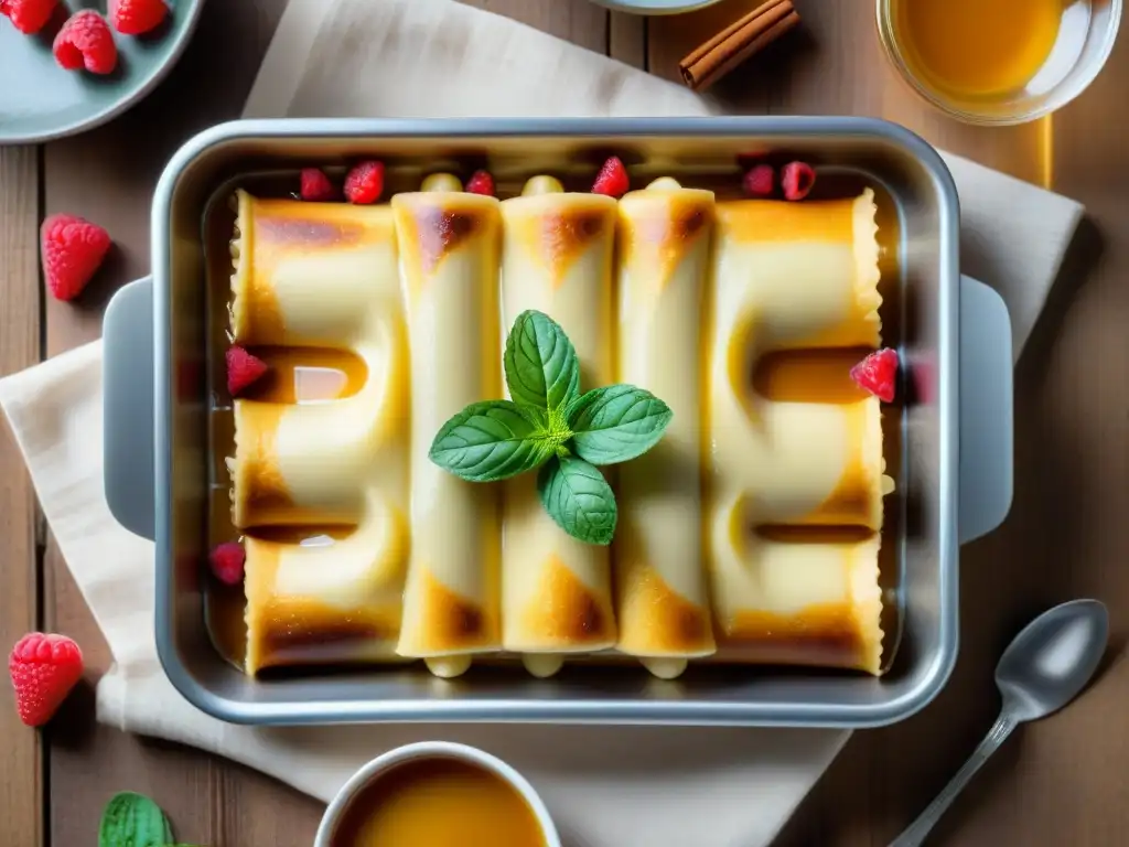 Deliciosos canelones dulces sin gluten con ricota, miel y frambuesas sobre mesa de madera, bañados en caramelo brillante