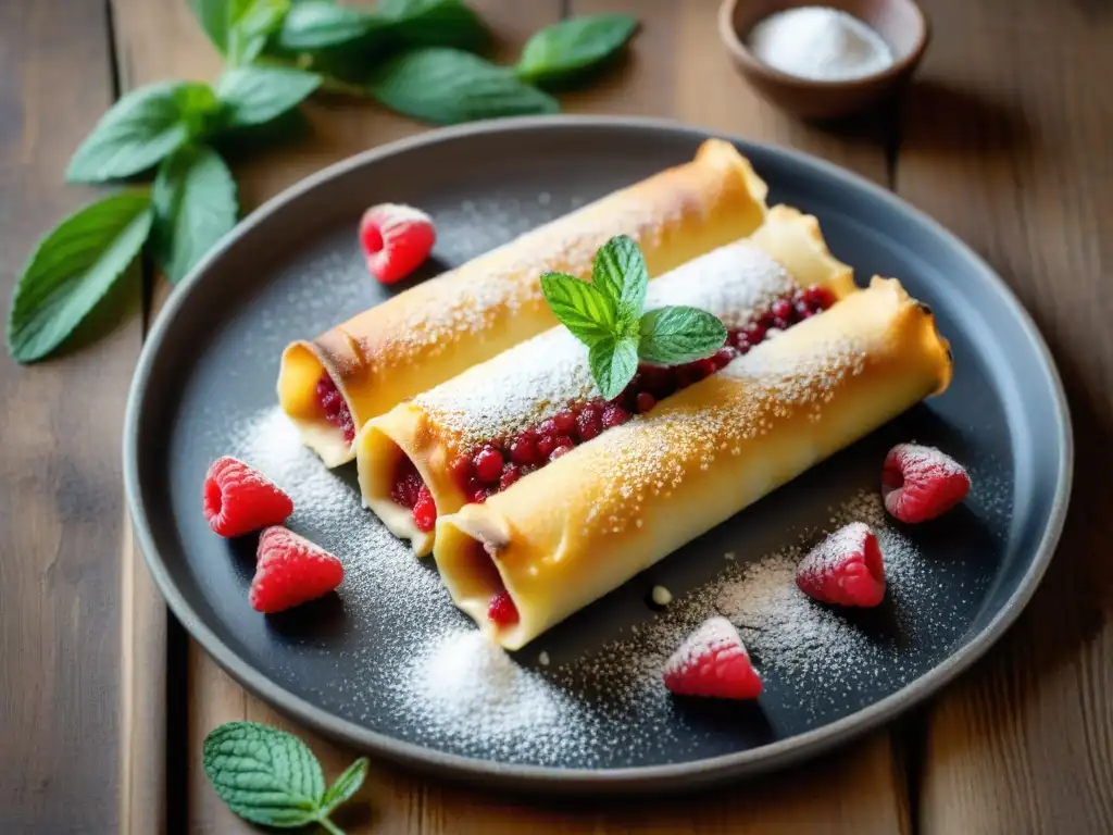 Deliciosos canelones dulces sin gluten con relleno de ricotta, coulis de frambuesa y menta fresca en bandeja dorada