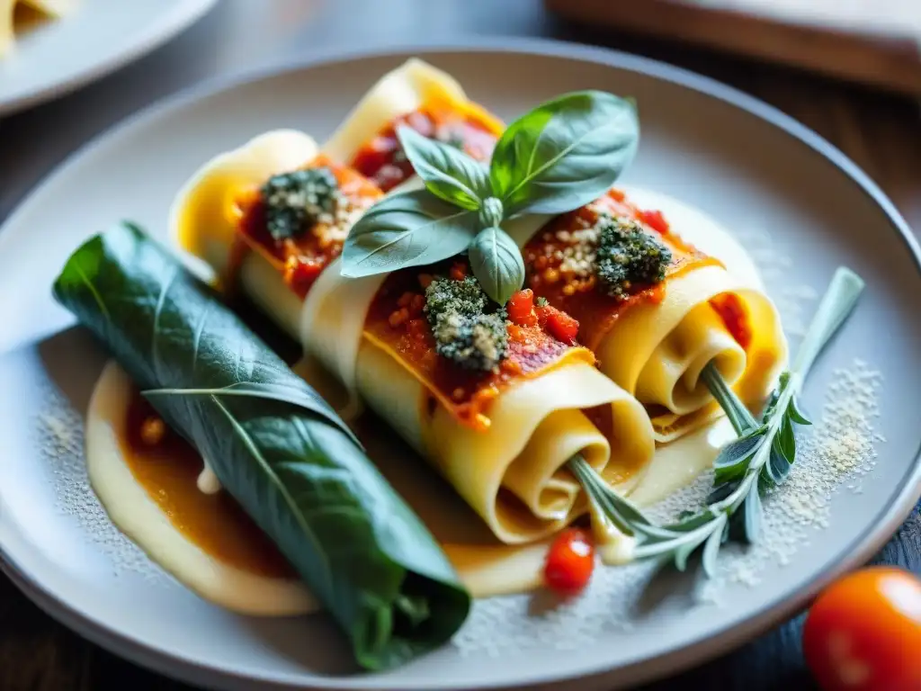 Deliciosos canelones sin gluten: espinaca, calabaza y champiñones Deliciosos canelones sin gluten con rellenos innovadores y coloridos en una presentación elegante