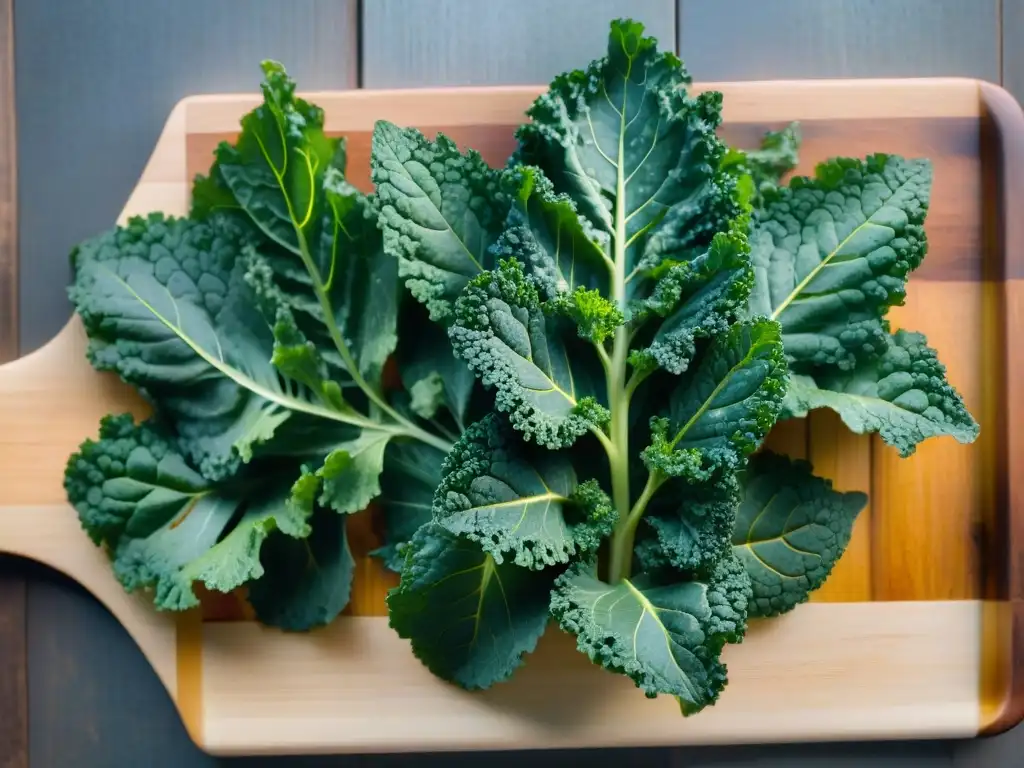 Deliciosos chips de kale sin gluten en tabla de madera rústica, crujientes y sabrosos