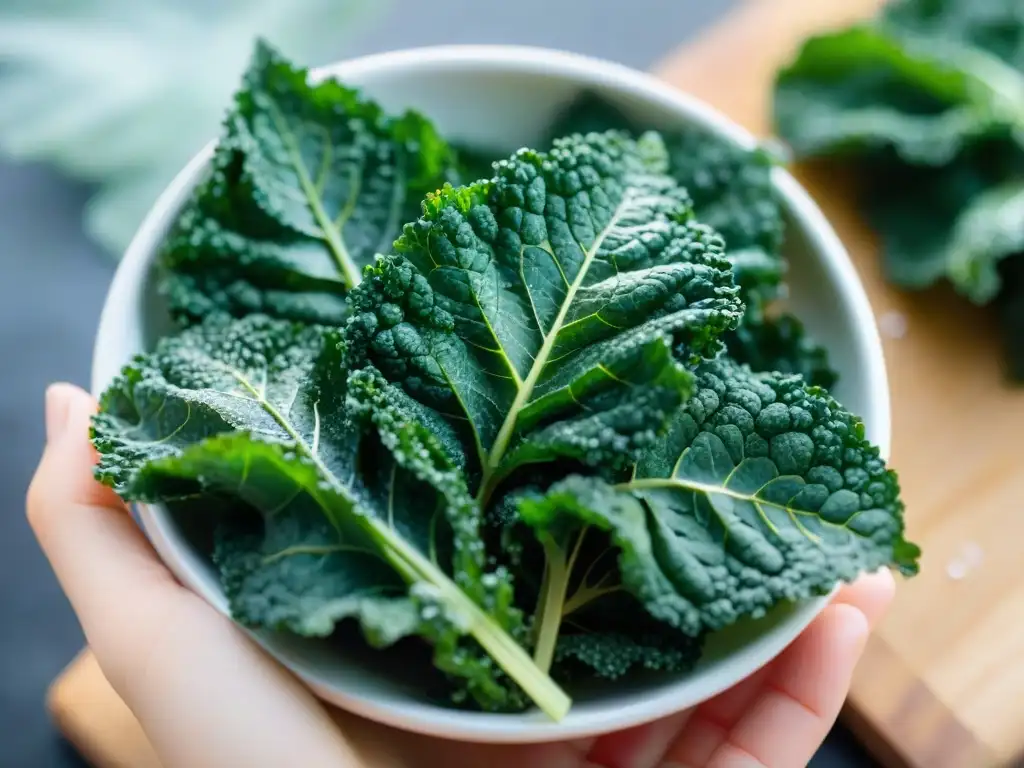 Deliciosos chips de kale sin gluten recién horneados con aceite de oliva y sal marina, crujientes y vibrantes