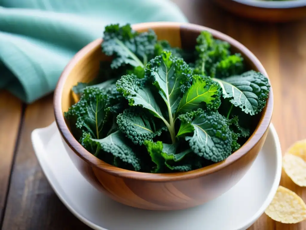 Deliciosos chips de kale sin gluten recién horneados en un bol, sobre una mesa de madera rústica con luz natural