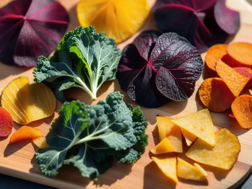 Deliciosos chips de verduras sin gluten en tabla de madera, resaltando colores y texturas naturales, listos para disfrutar