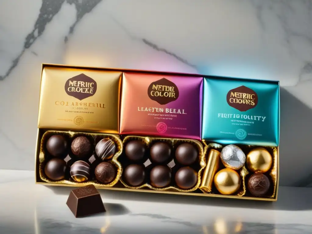 Deliciosos chocolates importados sin gluten, envueltos en coloridos diseños, sobre un elegante mostrador de mármol