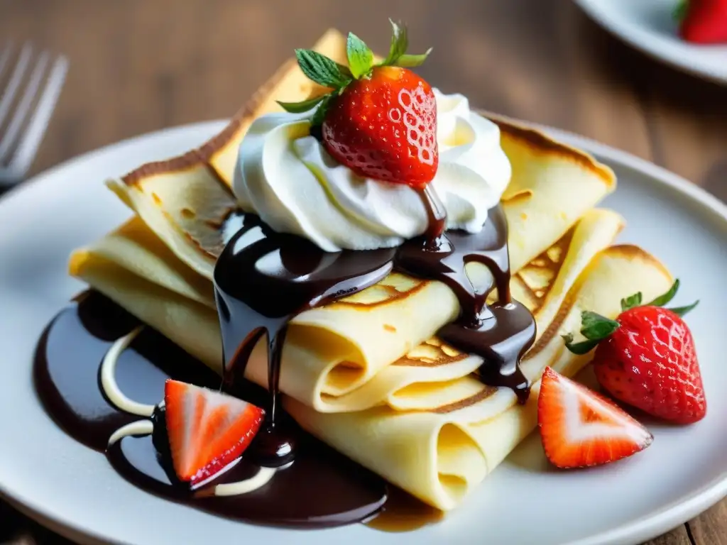 Deliciosos crepes sin gluten con crema batida, chocolate, fresas y azúcar glass