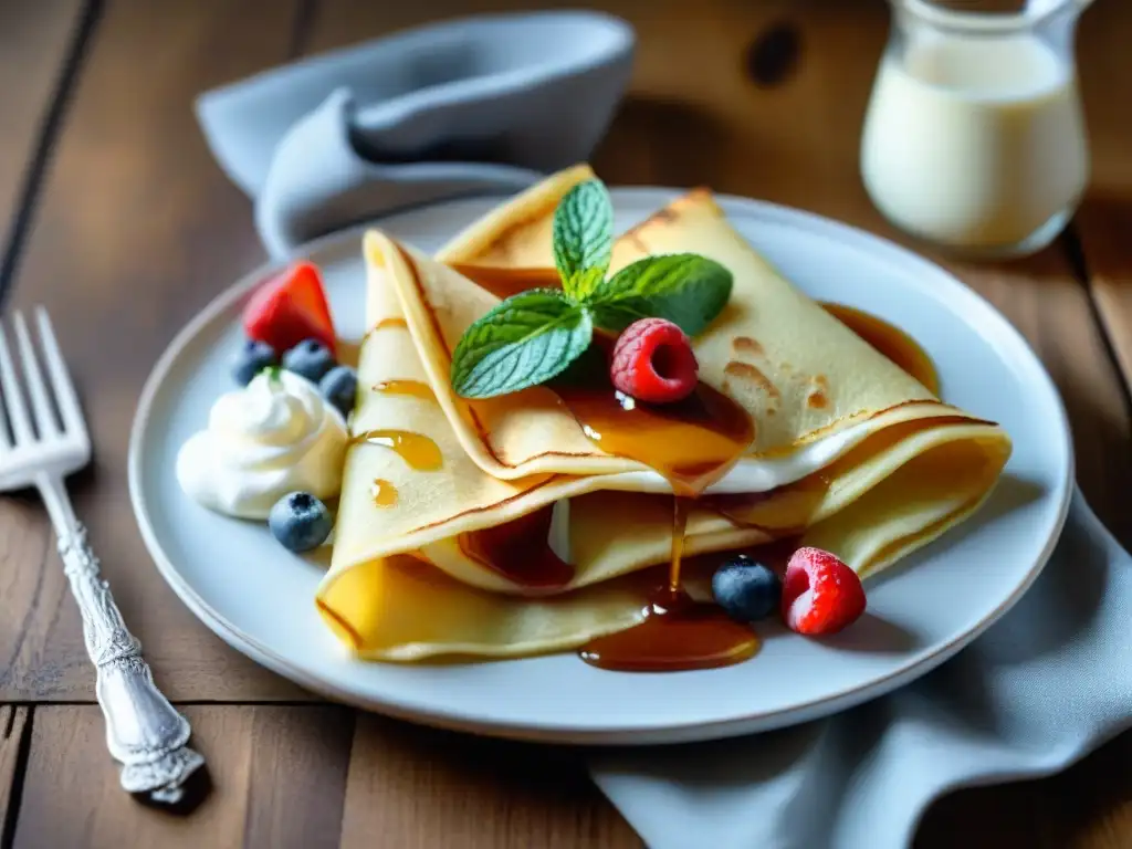 Deliciosos crepes sin gluten dorados con crema, frutos rojos y miel, en un plato blanco sobre una mesa rústica